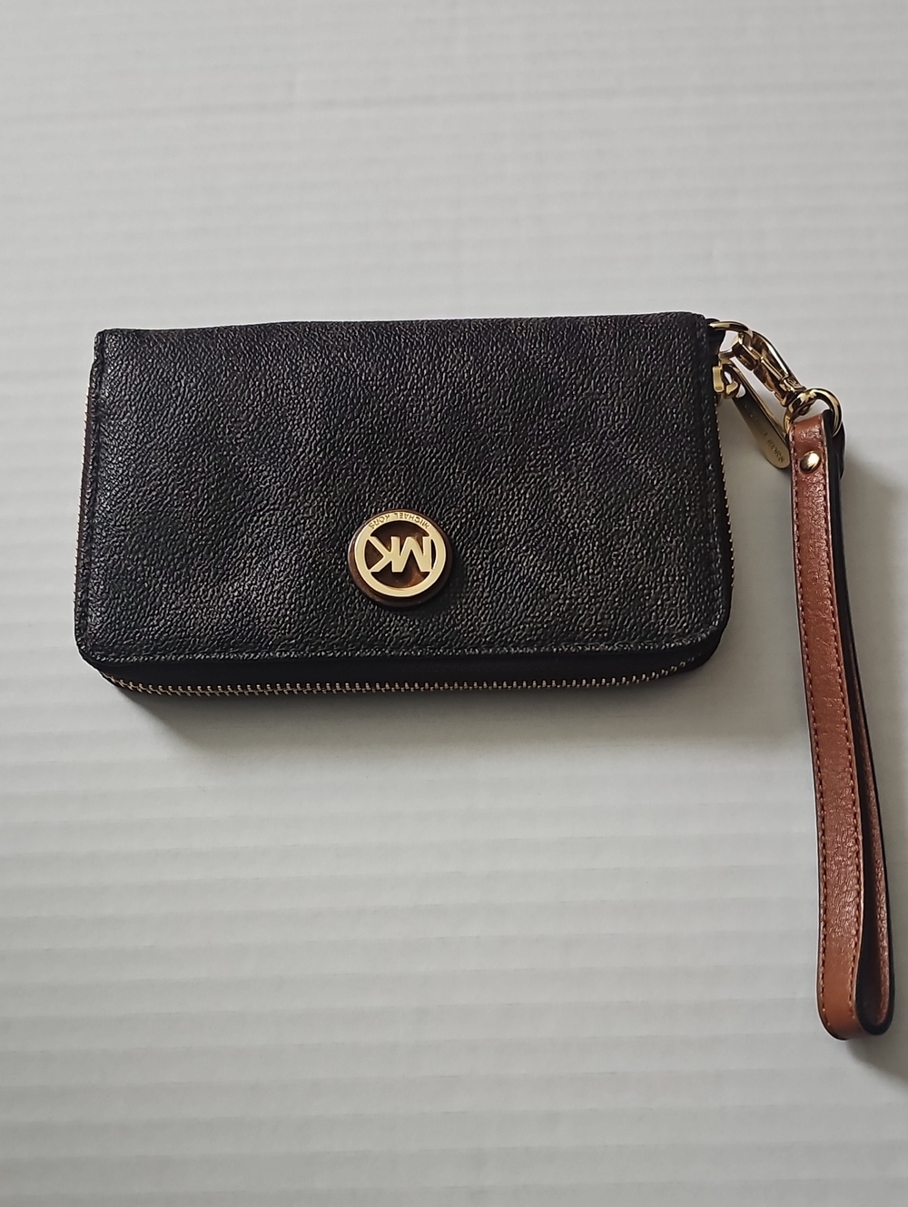 Michael Kors Black Pebbled Leather Wristlet with Brown Strap
